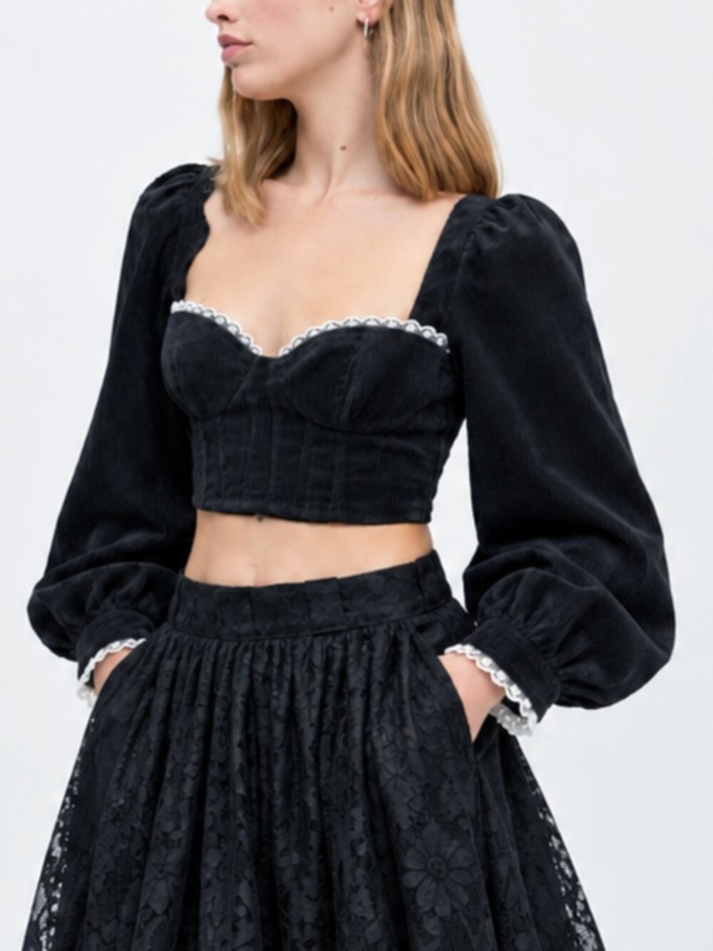 Corduroy Lace Trim Black Corset Crop Top Halloween Dark Romance Role Play Gothic